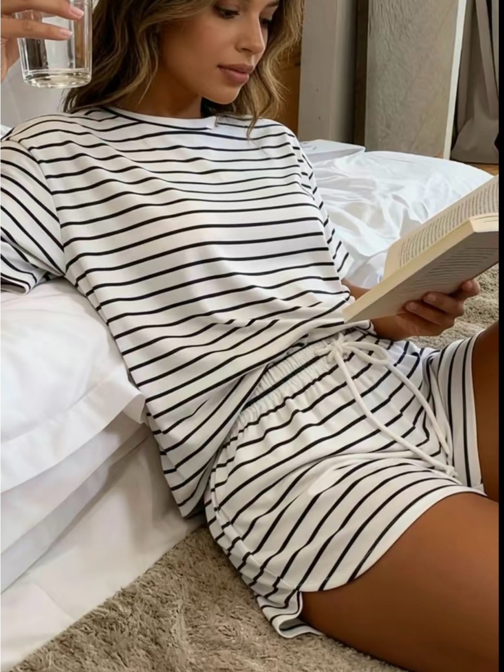 2 Piece Striped Lounge Skort Set Women’s Small White Black Shorts Shirt